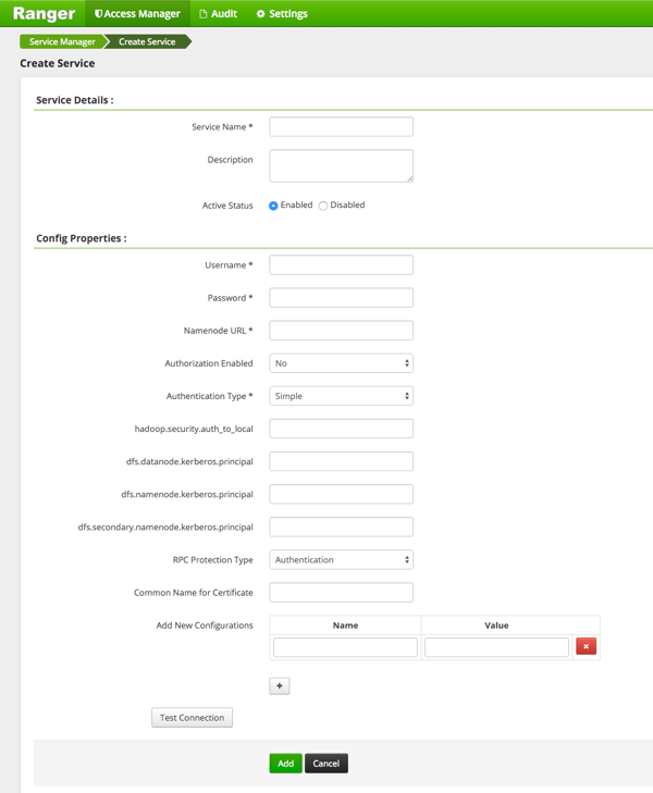 HDFS Create Service page