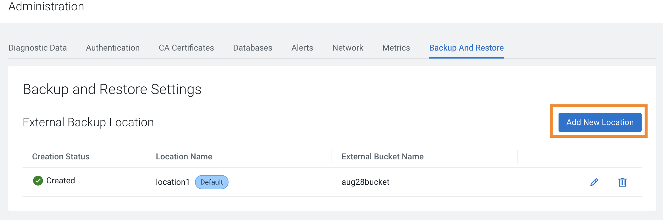 The image shows the the Add New Location option on the Backuo and Restore tab.